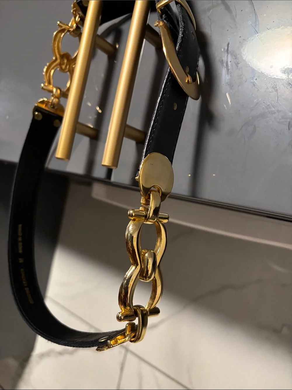 Louis Vuitton Black Leather Belt with Gold Chain Accents - comes with some rubs